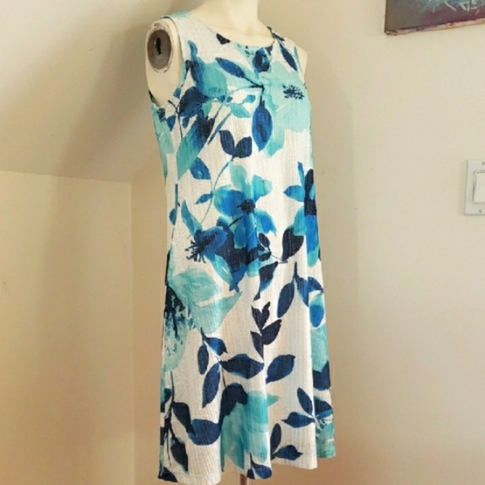 Chico's Blue Green White A-Line Sleeveless Lined Knee Length Dress, Size 0/S